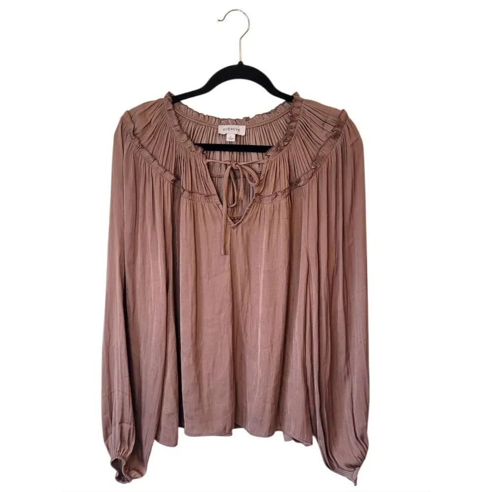 Evereve Women's Dusty Beige Peasant Blouse with Tie Neck Size L